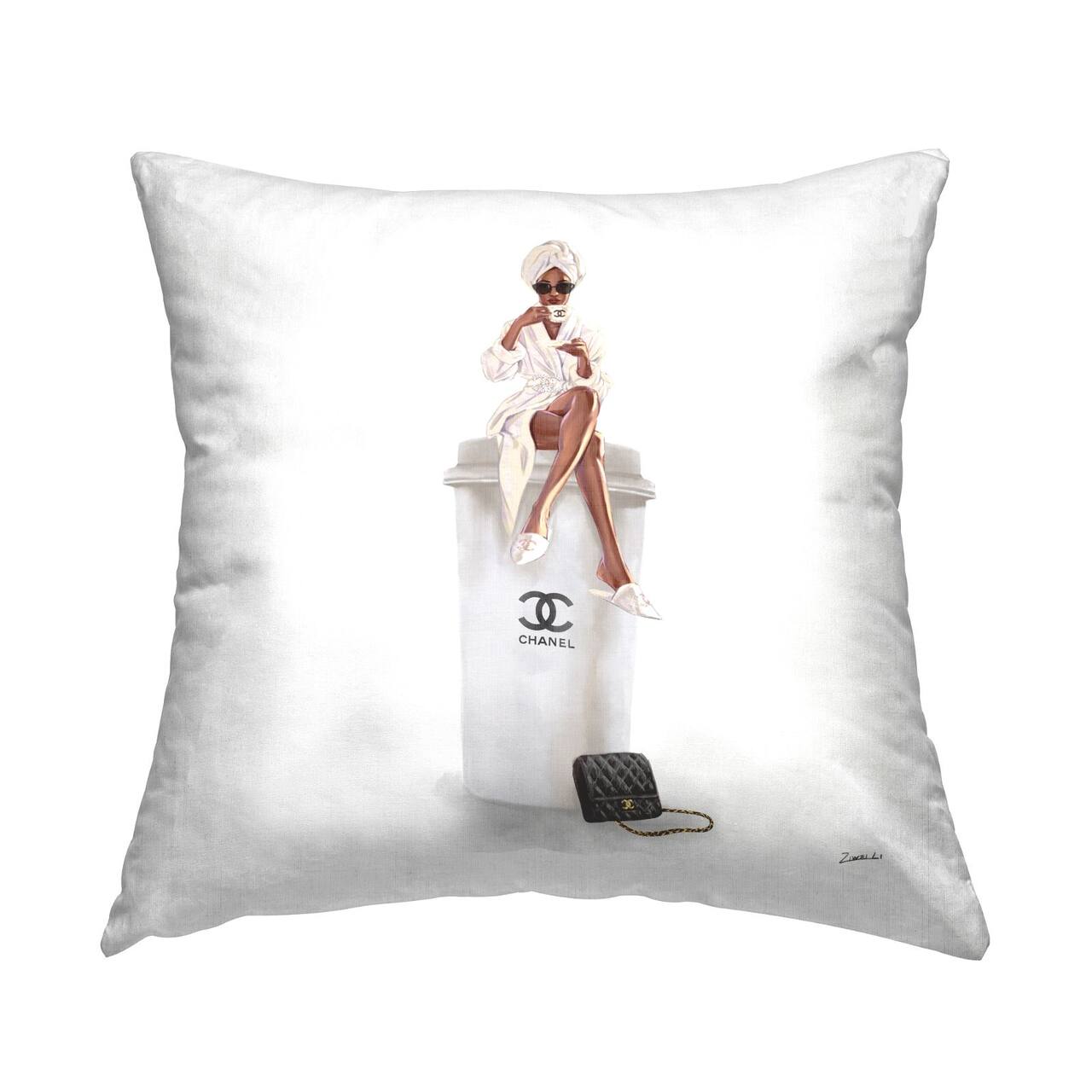Stupell Industries Woman Sitting Upscale Brand Fashion Coffee Cup Throw Pillow, 18" x 18"